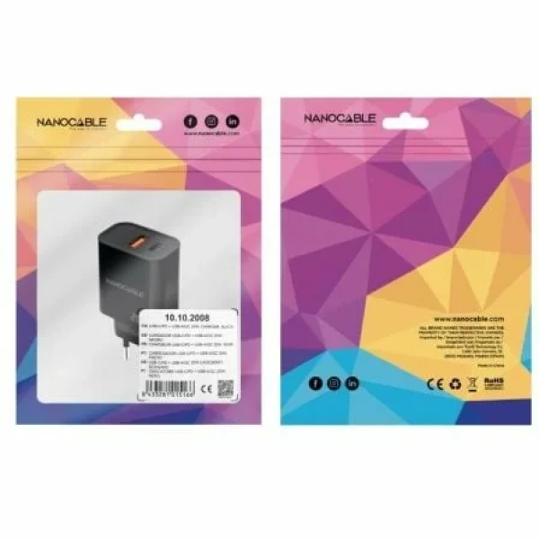 Cargador de Pared Nanocable 10.10.2008/ 1xUSB/ 1xUSB Tipo-C/ 20W/ Negro - Imagen 2