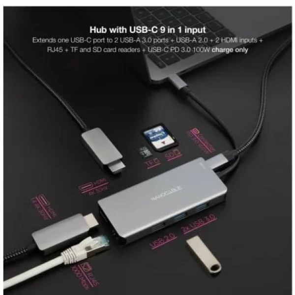 Docking Tipo-C Nanocable 10.16.1009/ 3xUSB/ 2xHDMI 4K/ 1xRJ45/ 1xLector tarjetas/ 1xUSB Tipo-C PD/ Gris - Imagen 3
