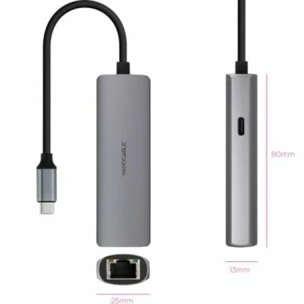 Hub USB Tipo-C 3.1 Nanocable 10.16.4603/ 1xUSB Tipo-C PD/ 1xRJ45/ Gris - Imagen 2