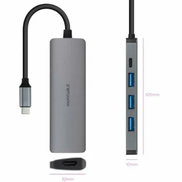 Docking Tipo-C Nanocable 10.16.4605/ 3xUSB/ 1xHDMI 4K/ 1xUSB Tipo-C PD/ Gris - Imagen 2