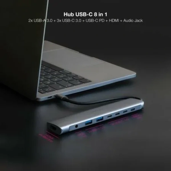 Docking Tipo-C Nanocable 10.16.4608/ 2xUSB/ 3xUSB Tipo-C/ 1xHDMI 4K/ 1xJack 3.5/ 1xUSB Tipo-C PD/ Gris - Imagen 3