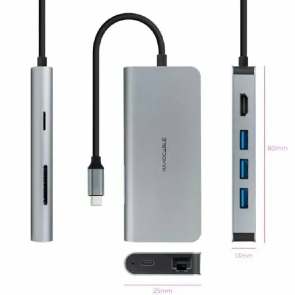 Docking Tipo-C Nanocable 10.16.4609/ 3xUSB/ 1xHDMI 4K/ 1xRJ45/ 1xLector tarjetas/ 1xUSB Tipo-C PD/ Gris - Imagen 2