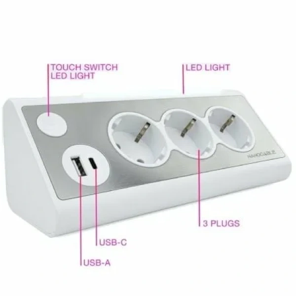 Regleta con Interruptor Nanocable 10.37.0013-W/ 3 Tomas de Corriente/ 1 USB/ 1 USB Tipo-C/ Cable 1.5m/ Blanca - Imagen 3