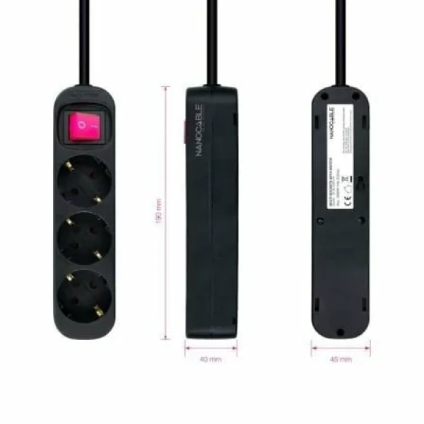 Regleta con Interruptor Nanocable 10.38.0003-BK/ 3 Tomas de Corriente/ Cable 1.4m/ Negra - Imagen 3