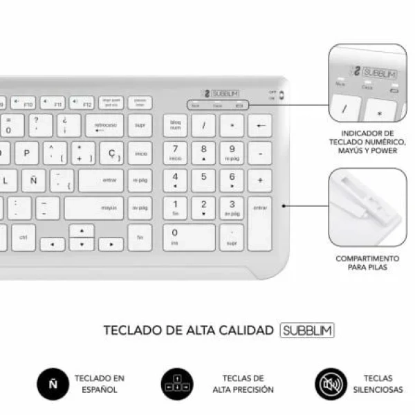 Teclado y Ratón Inalámbrico Subblim Combo Dual Prestige Extendido/ Blanco y Plata - Imagen 3