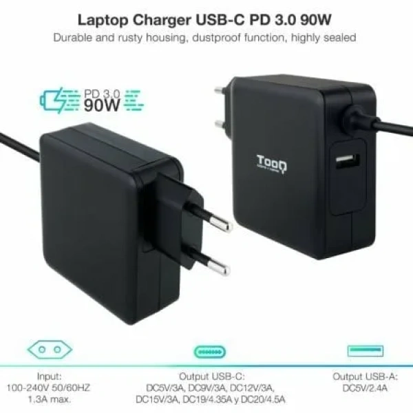 Cargador de Portátil TooQ TQLC-USBC90PD USB Tipo-C/ 90W/ Automático/ Voltaje 5-20V - Imagen 2
