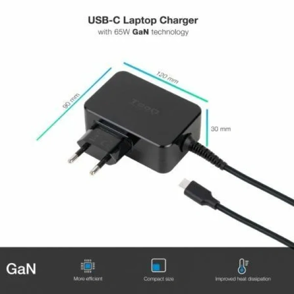 Cargador de Portátil GaN TooQ TQLC-USBCGAN65PD USB Tipo-C/ 65W/ Automático/ Voltaje 5-20V - Imagen 2