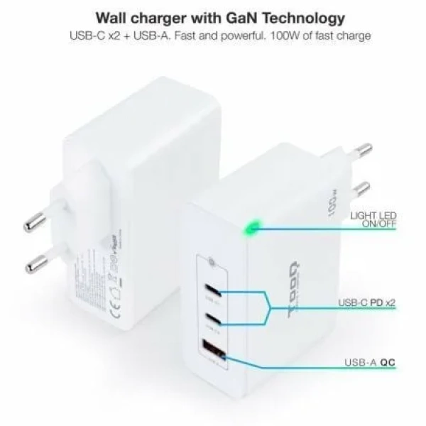 Cargador de Pared GaN TooQ TQWC-GANQC2PD100W/ 2xUSB Tipo-C/ 1xUSB/ 100W - Imagen 2