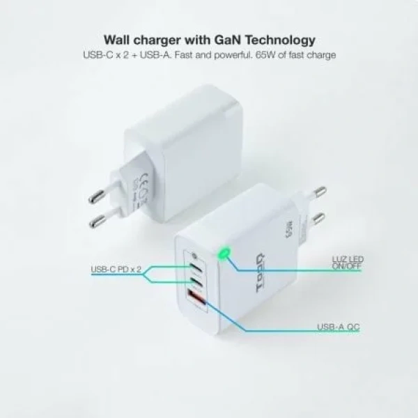 Cargador de Pared GaN TooQ TQWC-GANQC2PD65WT/ 2xUSB Tipo-C/ 1xUSB/ 65W - Imagen 2