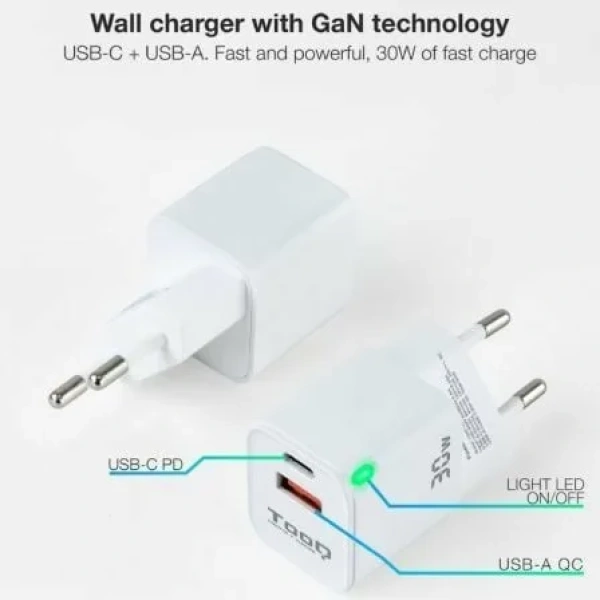 Cargador de Pared GaN TooQ TQWC-GANQCPD30WT/ 1xUSB Tipo-C/ 1xUSB/ 30W - Imagen 2