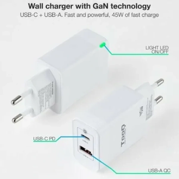 Cargador de Pared GaN TooQ TQWC-GANQCPD45WT/ 1xUSB Tipo-C/ 1xUSB/ 45W - Imagen 2