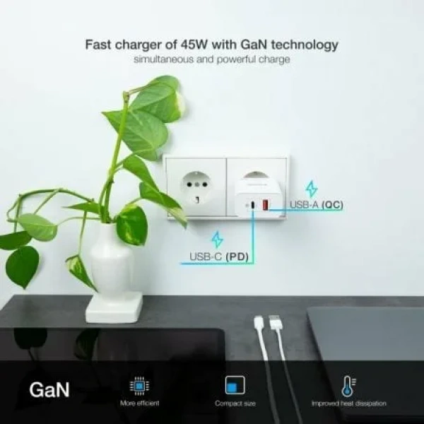 Cargador de Pared GaN TooQ TQWC-GANQCPD45WT/ 1xUSB Tipo-C/ 1xUSB/ 45W - Imagen 3