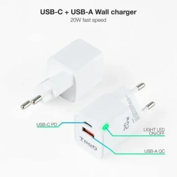 Cargador de Pared TooQ TQWC-QCPD20WT/ 1xUSB-Tipo C/ 1x USB/ 20W/ Blanco - Imagen 2