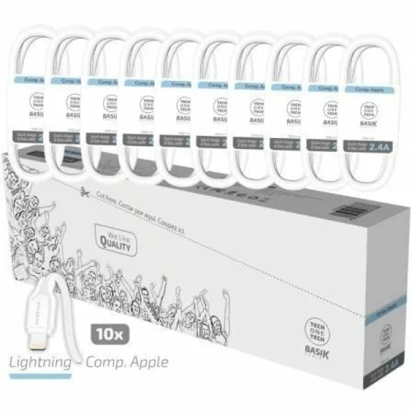 Pack 10 Cables Lightning Tech One Tech Basik TEC2952/ USB Macho - Lightning Macho/ 1m/ Blanco