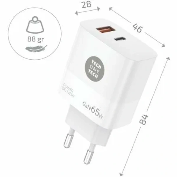 Cargador de Pared GaN Tech One Tech GaN TEC2270/ 1xUSB Tipo-C/ 1xUSB/ 65W/ Blanco - Imagen 2