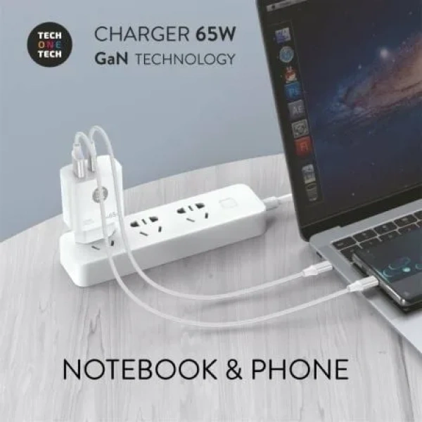Cargador de Pared GaN Tech One Tech GaN TEC2270/ 1xUSB Tipo-C/ 1xUSB/ 65W/ Blanco - Imagen 3
