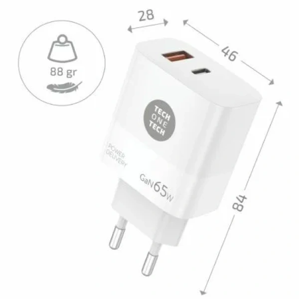 Cargador de Pared GaN Tech One Tech PD TEC2273 / 1xUSB Tipo-C/ 1xUSB/ 65W - Imagen 2