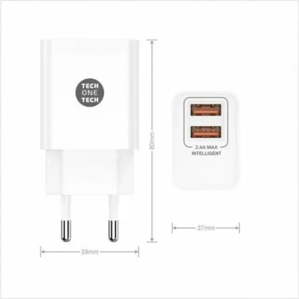 Cargador de Pared Tech One Tech TEC2403/ 2xUSB + Cable USB Tipo-C/ 12W/ Blanco - Imagen 2