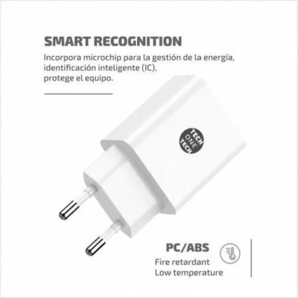 Cargador de Pared Tech One Tech TEC2403/ 2xUSB + Cable USB Tipo-C/ 12W/ Blanco - Imagen 3