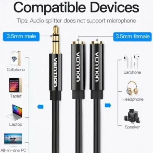 Cable Estéreo Vention BBSBY/ Jack 3.5 Macho - 2x Jack 3.5 Hembra/ 30cm/ Negro - Imagen 3