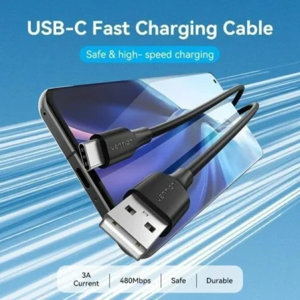 Cable USB 2.0 Tipo-C Vention CTHBC/ USB Tipo-C Macho - USB Macho/ Hasta 60W/ 480Mbps/ 25cm/ Negro - Imagen 2