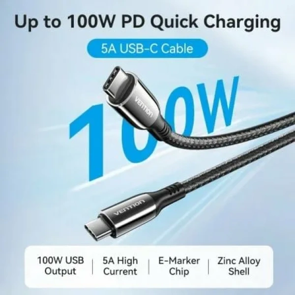 Cable USB 2.0 Tipo-C 5A 100W Vention CTKBAV/ USB Tipo-C Macho - USB Tipo-C Macho/ Hasta 100W/ 480Mbps/ 1.2m/ Negro - Imagen 2