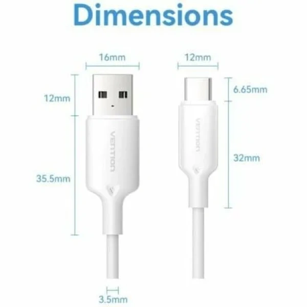 Cable USB 2.0 Tipo-C Vention CTQWF/ USB Tipo-C Macho - USB Macho/ Hasta 60W/ 480Mbps/ 1m/ Blanco - Imagen 3