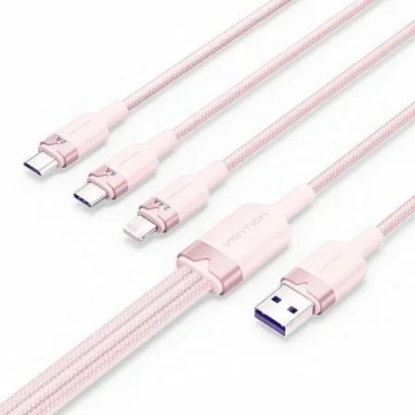 Cable USB 2.0 Lightning Vention CTRPG/ USB Macho/ USB Tipo-C Macho - MicroUSB Macho - Lightning Macho/ 1.5m/ Rosa