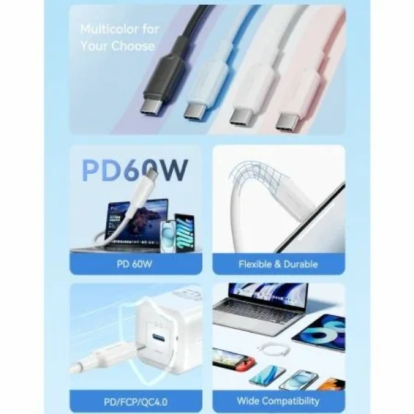 Cable USB 2.0 Tipo-C 3A Vention TRCSF/ USB Tipo-C Macho - USB Tipo-C Macho/ Hasta 60W/ 480Mbps/ 1m/ Azul - Imagen 3