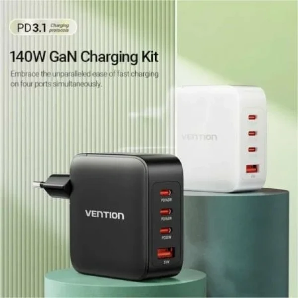 Cargador de Pared GaN Vention FEIB0-EU/ 3xUSB Tipo-C + Cable USB Tipo-C/ 1xUSB/ 140W - Imagen 2