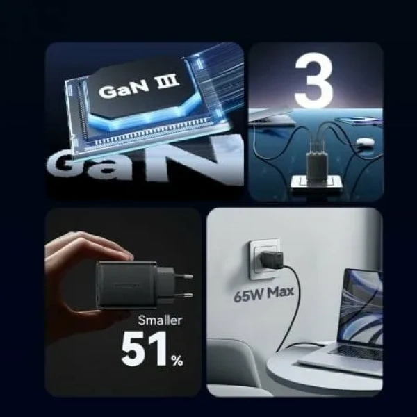 Cargador de Pared GaN Vention FERB0-EU/ 2xUSB Tipo-C/ 1xUSB/ 65W - Imagen 3