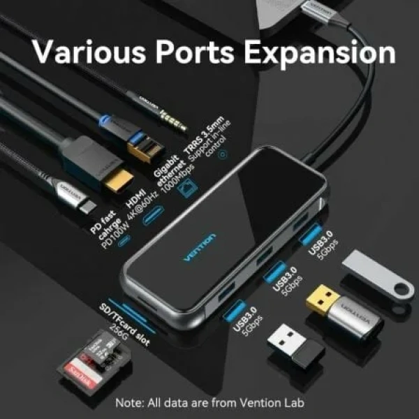 Docking USB Tipo-C Vention TFLHB/ 1xHDMI 4K/ 3xUSB/ 1xRJ45/ 1xLector de Tarjetas/ 1xTRRS 3.5/ 1xUSB Tipo-C PD/ Gris - Imagen 3