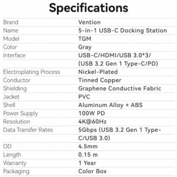 Docking USB Tipo-C Vention TGMHB/ 3xUSB/ 1xHDMI/ 1xUSB Tipo-C PD - Imagen 3