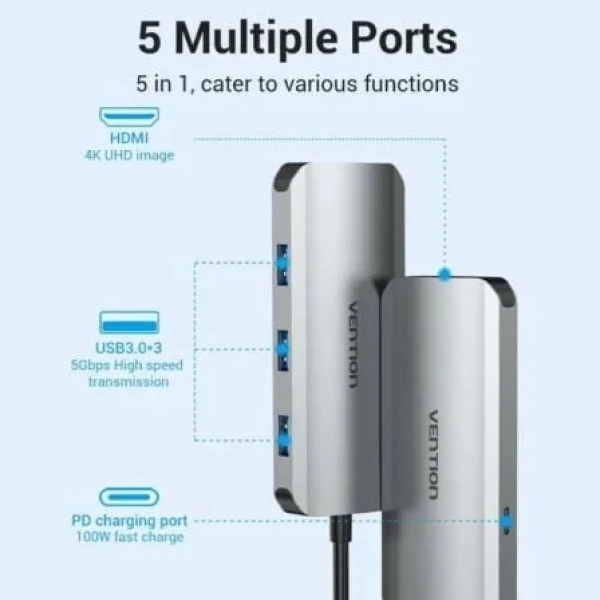 Docking USB Tipo-C Vention TODHB/ 1xHDMI/ 3xUSB/ 1xUSB Tipo-C PD/ Gris - Imagen 2