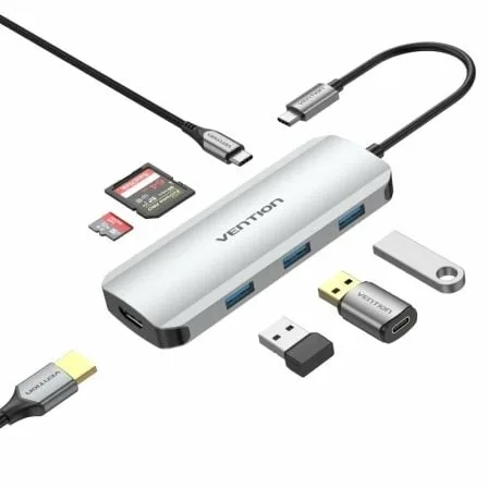 Docking USB Tipo-C Vention TOJHB/ 1xHDMI 4K/ 3xUSB/ 1xUSB Tipo-C/ 1xLector Tarjetas/ Gris