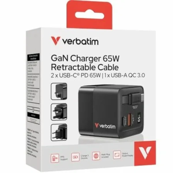 Cargador de Pared Universal GaN para Viaje Verbatim GaN Charger/ 1xUSB Tipo-C/ 1xUSB/ 1xUSB Tipo-C Macho/ 65W - Imagen 3