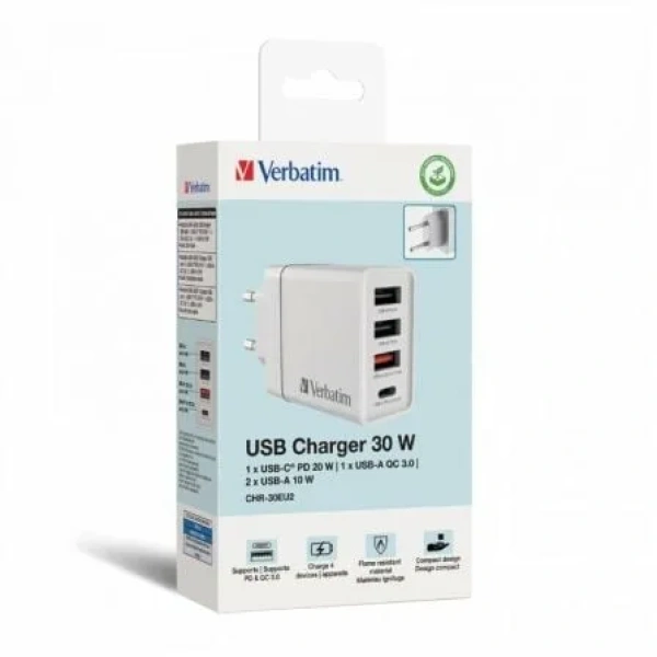 Cargador de Pared GaN Verbatim CHR-30EU2/ 1xUSB Tipo-C/ 3xUSB/ 30W - Imagen 3