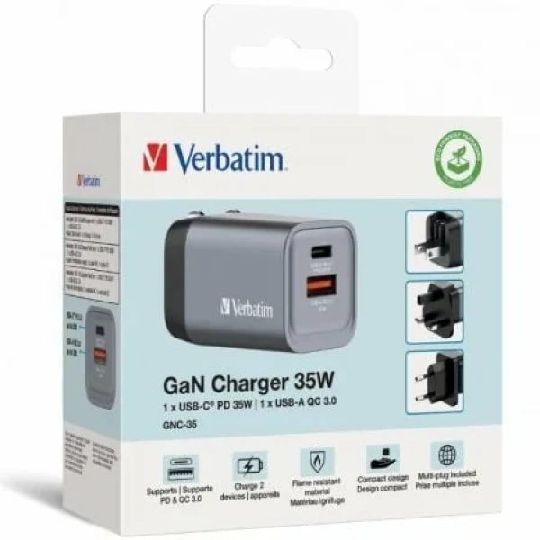 Cargador de Pared Universal GaN para Viaje Verbatim GNC-35/ 1xUSB Tipo-C/ 1xUSB/ 35W - Imagen 3