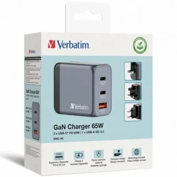 Cargador de Pared Universal GaN para Viaje Verbatim GNC-65/ 2xUSB Tipo-C/ 1xUSB/ 65W - Imagen 3