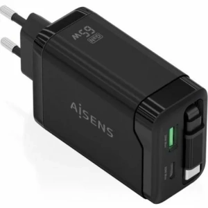 Cargador de Pared GaN Aisens ASCH-65W3P071-BK/ 1xUSB Tipo-C/ 1xUSB/ 65W/ Negro