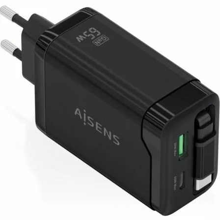 Cargador de Pared GaN Aisens ASCH-65W3P071-BK/ 1xUSB Tipo-C/ 1xUSB/ 65W/ Negro