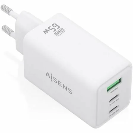 Cargador de Pared GaN Aisens ASCH-65W3P072-W/ 2xUSB Tipo-C/ 1xUSB/ 65W/ Blanco