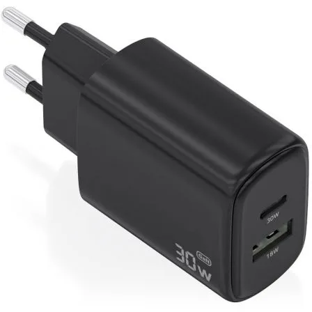 Cargador de Pared GaN Aisens A110-0978/ 1xUSB Tipo-C/ 1xUSB/ 30W/ Negro