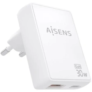 Cargador de Pared GaN Aisens ASCH-30W2P074-W/ 1xUSB Tipo-C/ 1xUSB/ 30W/ Blanco