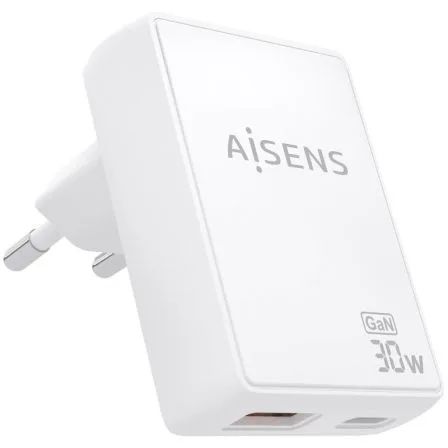 Cargador de Pared GaN Aisens ASCH-30W2P074-W/ 1xUSB Tipo-C/ 1xUSB/ 30W/ Blanco