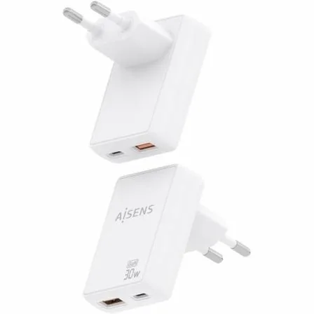 Cargador de Pared GaN Aisens ASCH-30W2P074-W/ 1xUSB Tipo-C/ 1xUSB/ 30W/ Blanco - Imagen 3