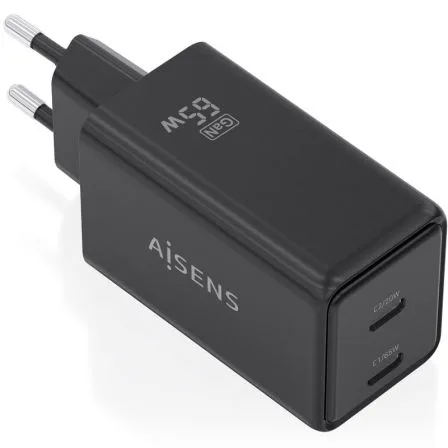 Cargador de Pared GaN Aisens ASCH-65W2P079-BK/ 2xUSB Tipo-C/ 65W/ Negro