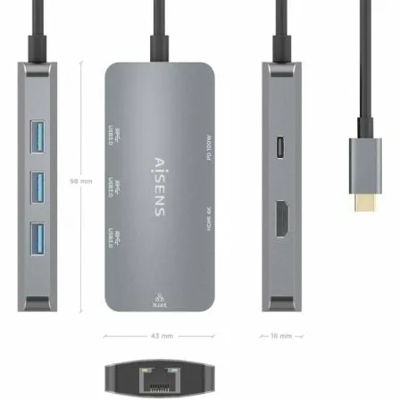 Docking USB Tipo-C Aisens ASUC-6P019-GR/ 1xHDMI 4K/ 3xUSB/ 1xRJ45/ 1xUSB Tipo-C PD/ Gris - Imagen 9