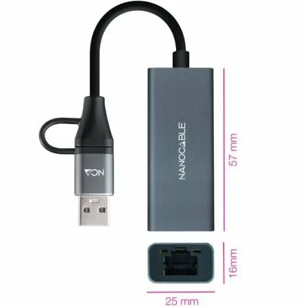 Adaptador USB Macho + USB Tipo-C Macho - RJ45 Nanocable 10.03.0411/ 1000Mbps - Imagen 3