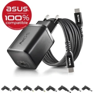Cargador GaN de Portátil NGS BUD65W-AS para Asus/ 1xUSB Tipo-C/ 65W/ Automático/ 8 Conectores/ Voltaje 5-20V